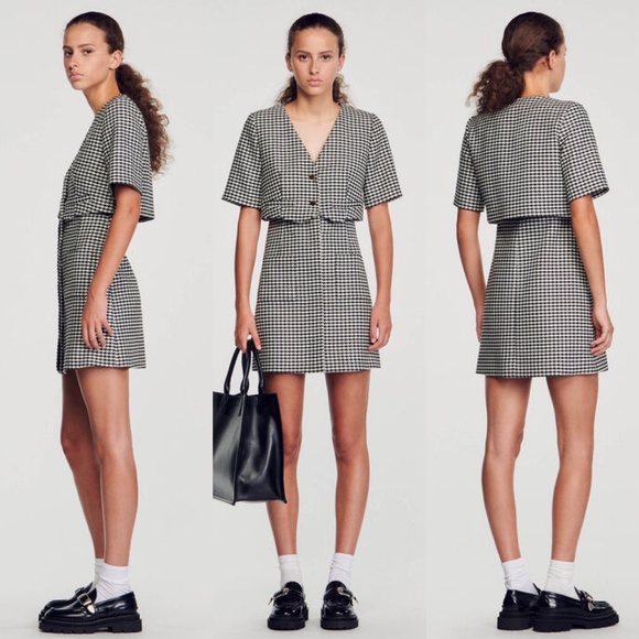 Sandro Charlotte layered houndstooth tweed dress FINAL PRICE
